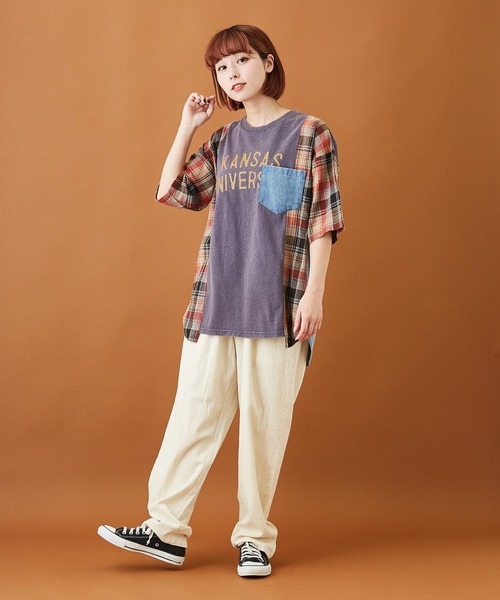 CUBE SUGAR(キューブシュガー)の「天竺 パウダー加工 リメイク風 ロング 5分袖 Tシャツ(Tシャツ/カットソー・レディース・チャコールグレー/ネイビー/マスタード・M)」の15枚目の写真
