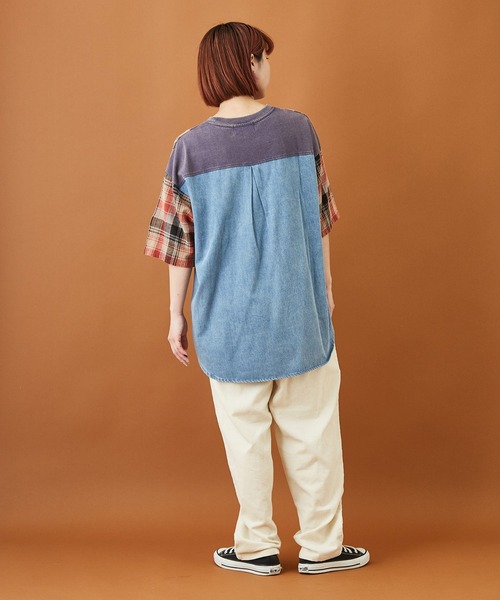 CUBE SUGAR(キューブシュガー)の「天竺 パウダー加工 リメイク風 ロング 5分袖 Tシャツ(Tシャツ/カットソー・レディース・チャコールグレー/ネイビー/マスタード・M)」の17枚目の写真