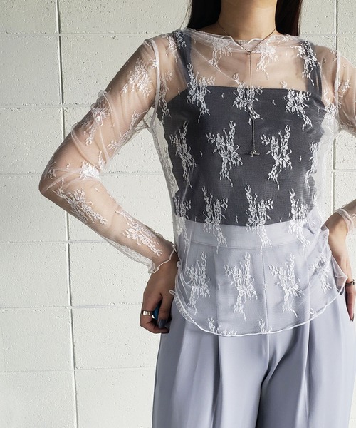 me+em select(ミームセレクト)の「ハーフネック花柄レースメロートップス(Tシャツ/カットソー・レディース・ブルー/キャメル/ホワイト/ピンク/ベージュ/ブラック・FREE)」の7枚目の写真