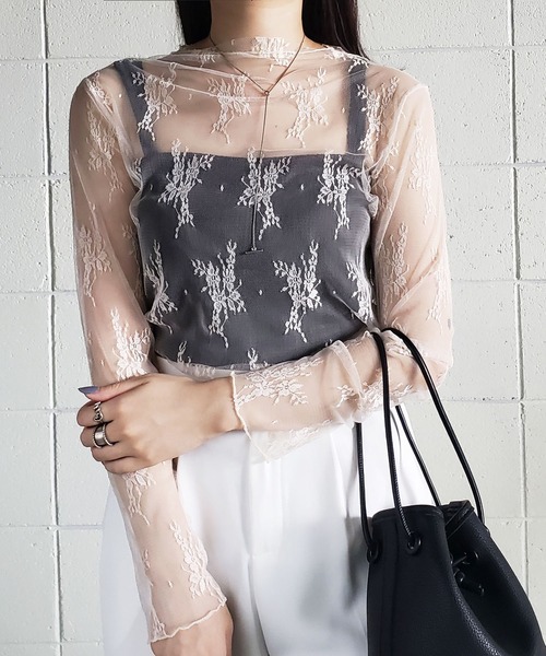 me+em select(ミームセレクト)の「ハーフネック花柄レースメロートップス(Tシャツ/カットソー・レディース・ブルー/キャメル/ホワイト/ピンク/ベージュ/ブラック・FREE)」の12枚目の写真