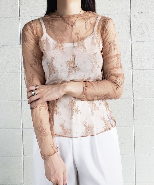 me+em select(ミームセレクト)の「ハーフネック花柄レースメロートップス(Tシャツ/カットソー・レディース・ブルー/キャメル/ホワイト/ピンク/ベージュ/ブラック・FREE)」の15枚目の写真