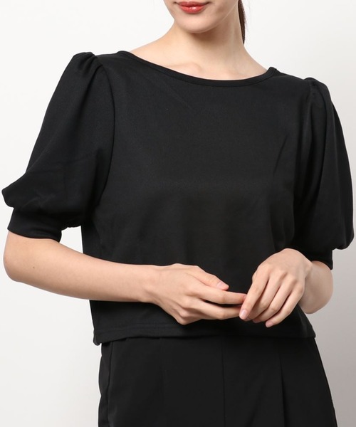 Cookie Chocolate(クッキーチョコレート)の「パフスリーブバッククロスショートプルオーバー(Tシャツ/カットソー・レディース・ブラック/サックスブルー・M)」の1枚目の写真