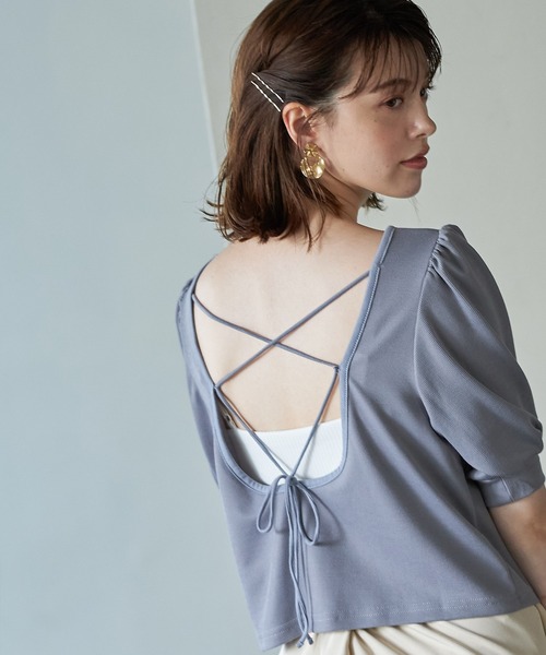 Cookie Chocolate(クッキーチョコレート)の「パフスリーブバッククロスショートプルオーバー(Tシャツ/カットソー・レディース・ブラック/サックスブルー・M)」の14枚目の写真