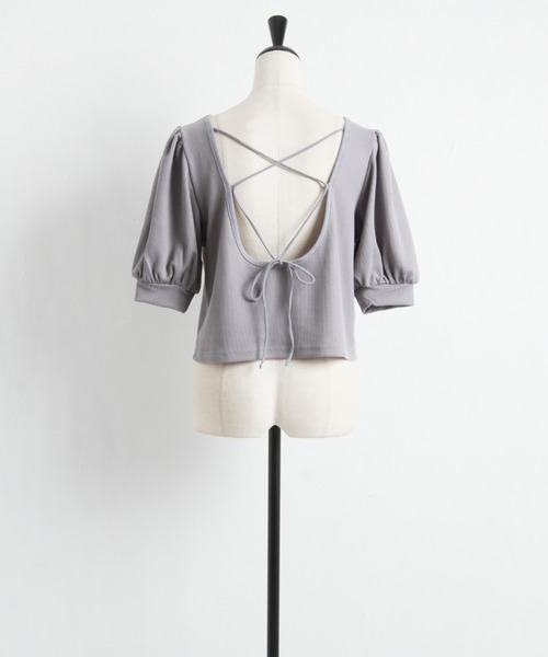 Cookie Chocolate(クッキーチョコレート)の「パフスリーブバッククロスショートプルオーバー(Tシャツ/カットソー・レディース・ブラック/サックスブルー・M)」の7枚目の写真