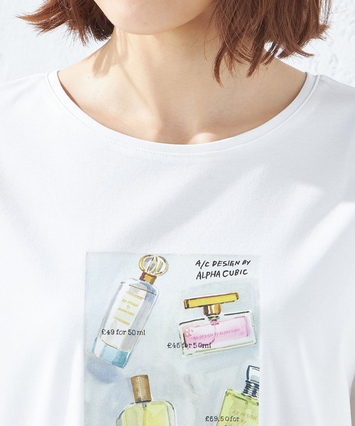 A/C DESIGN BY ALPHA CUBIC(エーシーデザインバイアルファキュービック)の「【接触冷感】パフュームプリントTシャツ(Tシャツ/カットソー・レディース・ライトグレー/ブラック/オフホワイト・LL/M/L)」の6枚目の写真