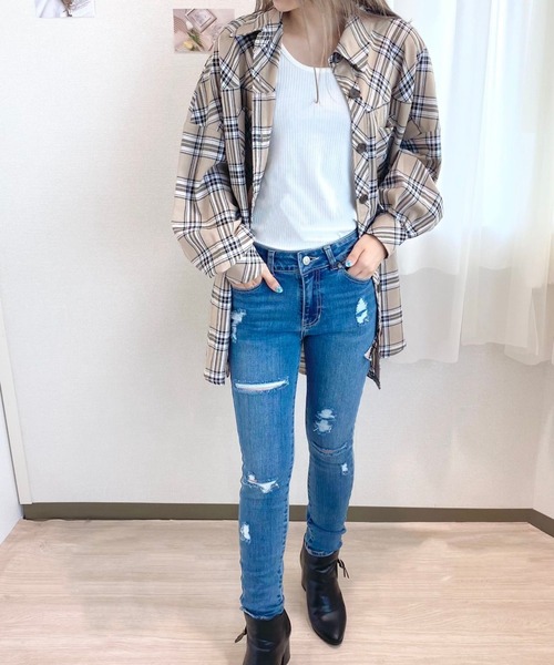 CECIL McBEE(セシルマクビー)の「バックロゴ刺繍チェックシャツ(シャツ/ブラウス・レディース・グレー/ライトベージュ/ベージュ/ブラウン・MEDIUM)」の10枚目の写真