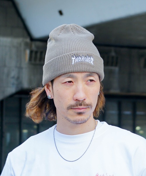 THRASHER(スラッシャー)の「FLAME LOGO ACRYLIC BEANIE/スラッシャーフレイムロゴニットキャップ(ニットキャップ/ビーニー・メンズ・オリーブ/ブラック×ブルー/グレー/ブラウン/ブラック×イエロー・FREE)」の8枚目の写真