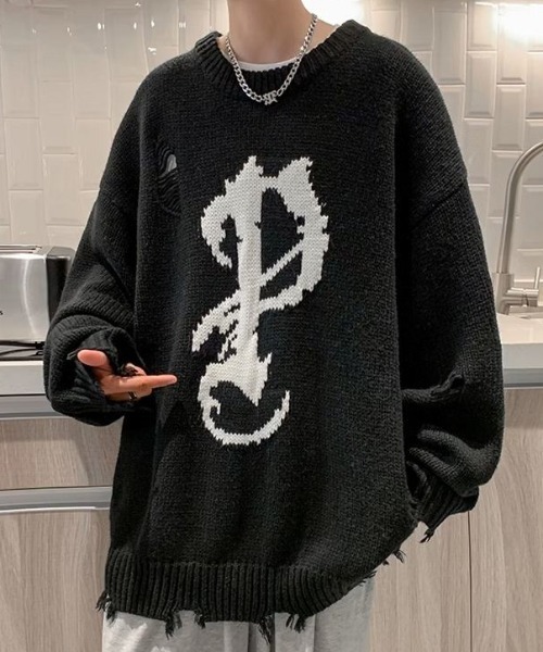 MGV（エムジーヴィー）の「ダメージイニシャルニット（ニット/セーター・メンズ・ブラック/グレー・MEDIUM/LARGE/X-LARGE）」の4枚目の写真