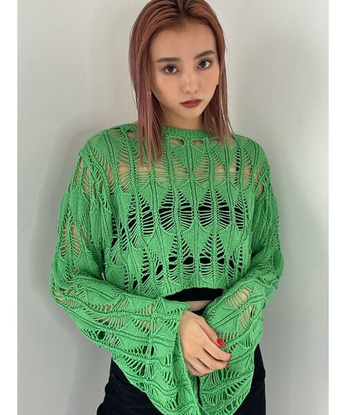 EMODA（エモダ）の「クロシェダイヤモンドショートニット（ニット/セーター・レディース・ホワイト/グリーン/ブルー/ブラック・FREE）」の11枚目の写真