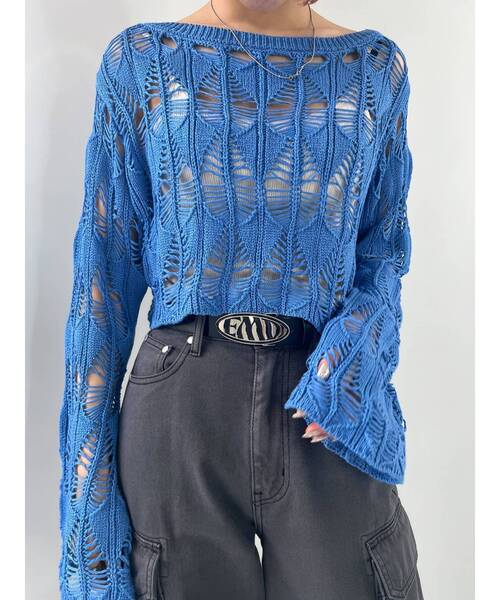 EMODA（エモダ）の「クロシェダイヤモンドショートニット（ニット/セーター・レディース・ホワイト/グリーン/ブルー/ブラック・FREE）」の16枚目の写真