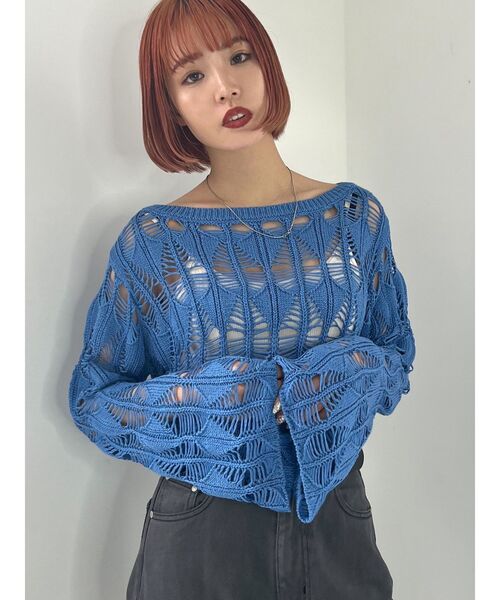 EMODA（エモダ）の「クロシェダイヤモンドショートニット（ニット/セーター・レディース・ホワイト/グリーン/ブルー/ブラック・FREE）」の21枚目の写真