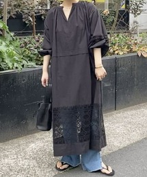 大胆に切り替えたレースの存在感が抜群!/インドコットンレース切替ワンピース