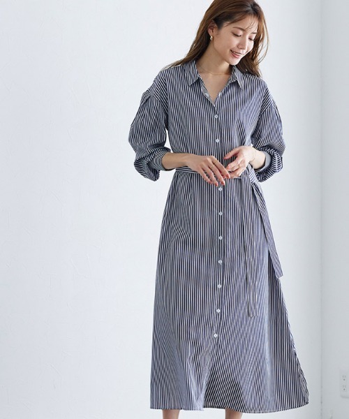 Pierrot（ピエロ）の「ストライプボリュームスリーブシャツワンピース（シャツワンピース・レディース・ネイビー/ライトブルー/オフホワイト・M/L）」の3枚目の写真