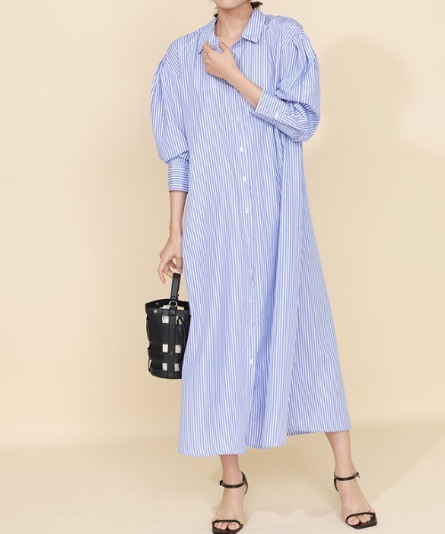 Pierrot（ピエロ）の「ストライプボリュームスリーブシャツワンピース（シャツワンピース・レディース・ネイビー/ライトブルー/オフホワイト・M/L）」の12枚目の写真