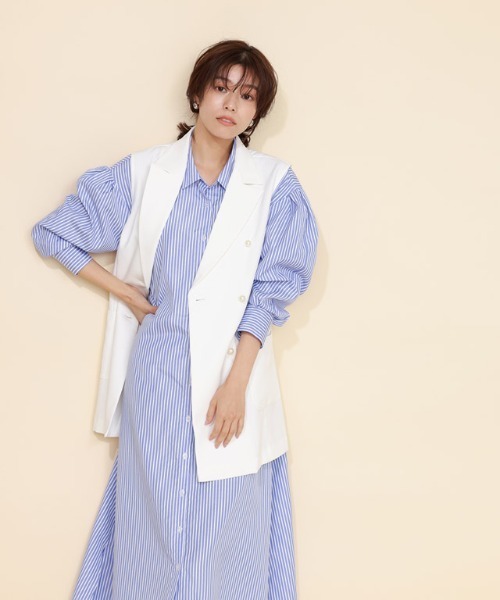 Pierrot（ピエロ）の「ストライプボリュームスリーブシャツワンピース（シャツワンピース・レディース・ネイビー/ライトブルー/オフホワイト・M/L）」の8枚目の写真