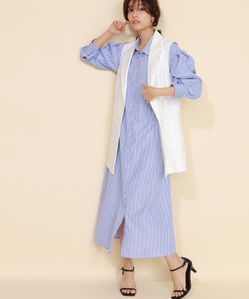 Pierrot（ピエロ）の「ストライプボリュームスリーブシャツワンピース（シャツワンピース・レディース・ネイビー/ライトブルー/オフホワイト・M/L）」の7枚目の写真