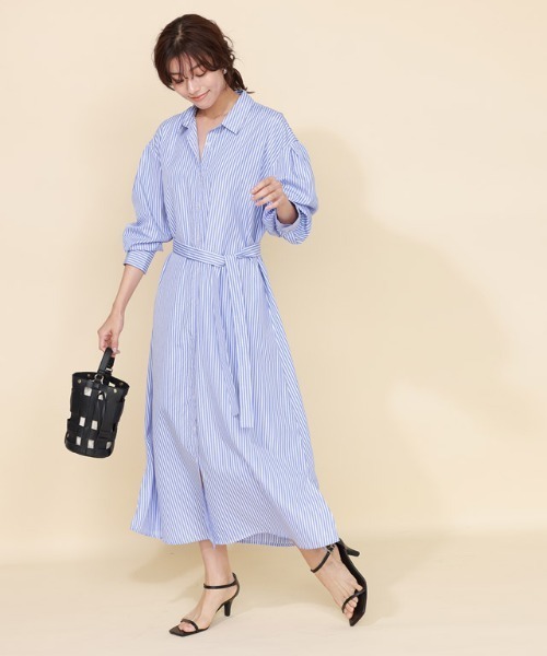 Pierrot（ピエロ）の「ストライプボリュームスリーブシャツワンピース（シャツワンピース・レディース・ネイビー/ライトブルー/オフホワイト・M/L）」の11枚目の写真
