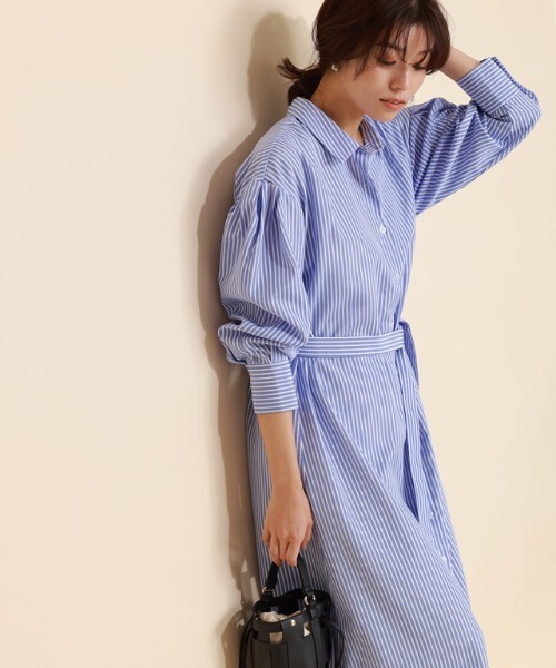 Pierrot（ピエロ）の「ストライプボリュームスリーブシャツワンピース（シャツワンピース・レディース・ネイビー/ライトブルー/オフホワイト・M/L）」の14枚目の写真