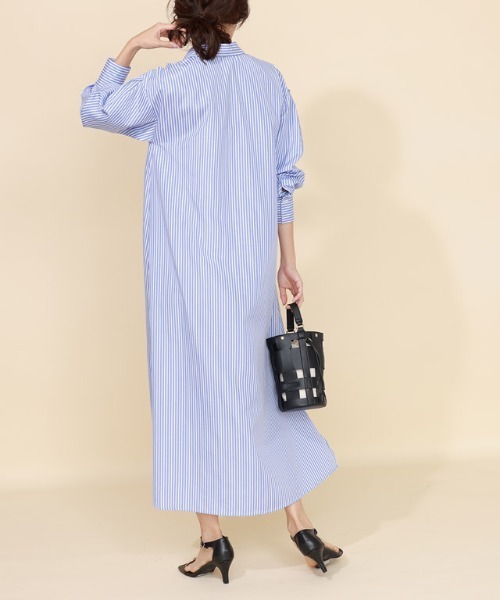 Pierrot（ピエロ）の「ストライプボリュームスリーブシャツワンピース（シャツワンピース・レディース・ネイビー/ライトブルー/オフホワイト・M/L）」の9枚目の写真