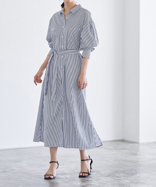 Pierrot（ピエロ）の「ストライプボリュームスリーブシャツワンピース（シャツワンピース・レディース・ネイビー/ライトブルー/オフホワイト・M/L）」の20枚目の写真