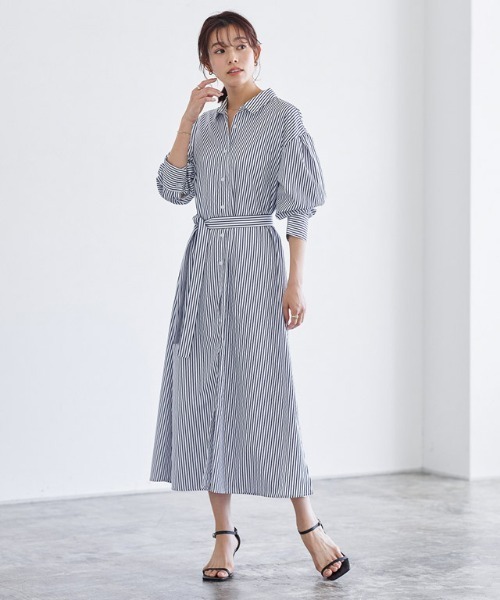 Pierrot（ピエロ）の「ストライプボリュームスリーブシャツワンピース（シャツワンピース・レディース・ネイビー/ライトブルー/オフホワイト・M/L）」の17枚目の写真