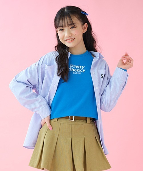 by LOVEiT（バイラビット）の「ストライプ肩あきシャツ（シャツ/ブラウス・キッズ・ピンク/グリーン/ラベンダー・120cm/140cm/150cm/130cm/160cm）」の2枚目の写真