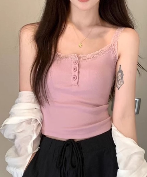 セール】ハーフボタンレースストラップキャミソール（キャミソール