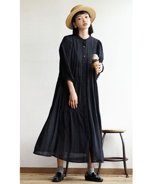 e-zakkamania stores(イーザッカマニアストアーズ)の「楊柳シアー ティアードシャツワンピース(シャツワンピース・レディース・ブラック/グリーン/ライトグレー/ブルー・M)」の13枚目の写真