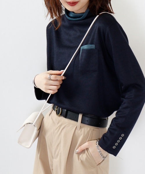 BRODIAEA（ブローディア）の「BRODIAEA 配色Wポケットプルオーバー（Tシャツ/カットソー・レディース・チャコールグレー/ライム/ネイビー/ワイン/ブルー/ベージュ・40）」の4枚目の写真