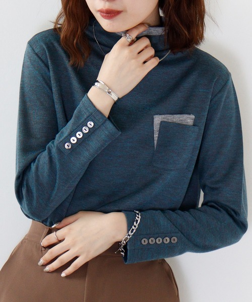 BRODIAEA（ブローディア）の「BRODIAEA 配色Wポケットプルオーバー（Tシャツ/カットソー・レディース・チャコールグレー/ライム/ネイビー/ワイン/ブルー/ベージュ・40）」の5枚目の写真