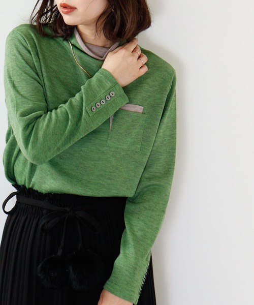 BRODIAEA（ブローディア）の「BRODIAEA 配色Wポケットプルオーバー（Tシャツ/カットソー・レディース・チャコールグレー/ライム/ネイビー/ワイン/ブルー/ベージュ・40）」の16枚目の写真