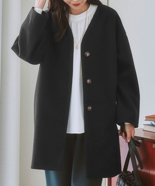 nissen（ニッセン）の「【品番振替】フェイクウールノーカラーコート（ノーカラーコート・レディース・ピンク/サックスブルー/ブラック/グレイッシュベージュ・M/S/L/LL）」の2枚目の写真