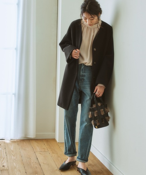 nissen（ニッセン）の「【品番振替】フェイクウールノーカラーコート（ノーカラーコート・レディース・ピンク/サックスブルー/ブラック/グレイッシュベージュ・M/S/L/LL）」の6枚目の写真