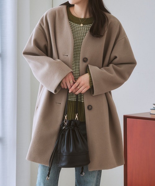 nissen（ニッセン）の「【品番振替】フェイクウールノーカラーコート（ノーカラーコート・レディース・ピンク/サックスブルー/ブラック/グレイッシュベージュ・M/S/L/LL）」の12枚目の写真