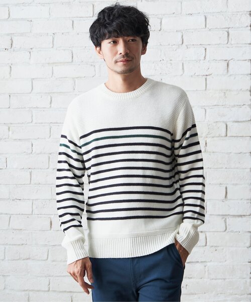 美品 KHAITE ケイト ウールニット ボーダー ホワイト ネイビー 薄手 L ボーダープラケットニット(ネイビー) - seventen