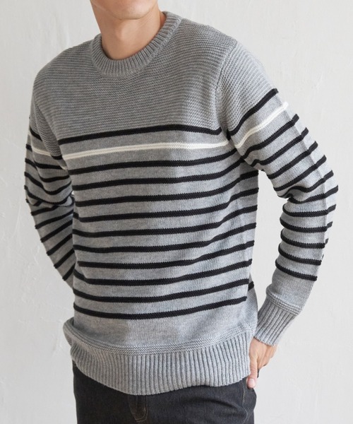 ikka(イッカ)の「ナバルボーダーニット(ニット/セーター・メンズ・オフホワイト/グレー/ネイビー・M/L/S/XL)」の2枚目の写真