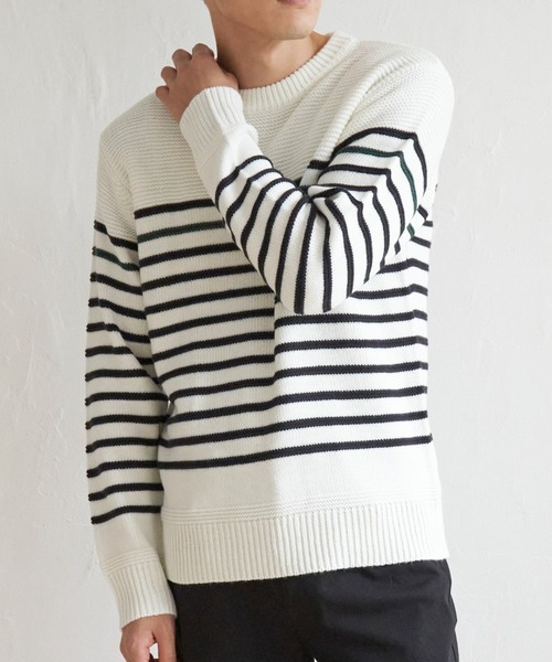 ikka(イッカ)の「ナバルボーダーニット(ニット/セーター・メンズ・オフホワイト/グレー/ネイビー・M/L/S/XL)」の1枚目の写真