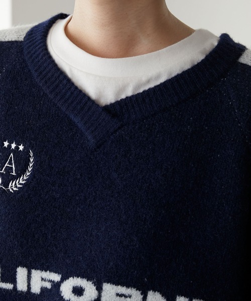 forksy.】オーバーサイズVネックゲームシャツニットプルオーバー