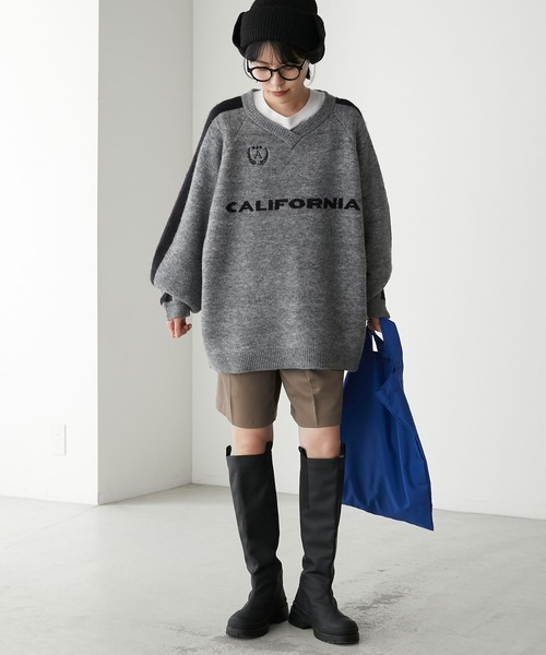forksy.】オーバーサイズVネックゲームシャツニットプルオーバー