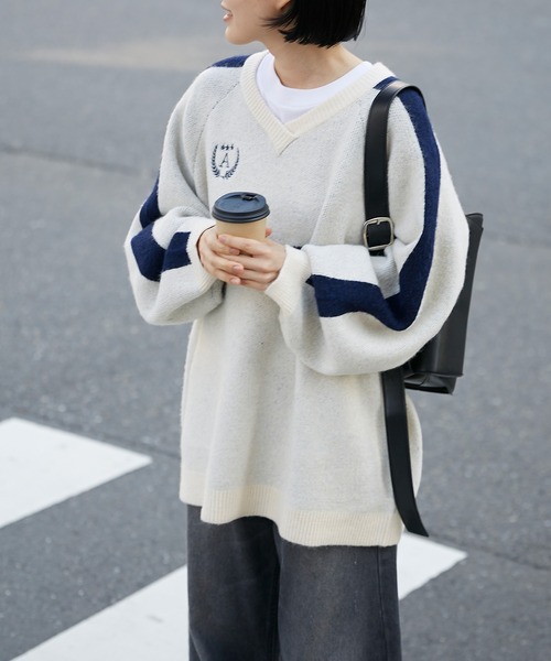 forksy.】オーバーサイズVネックゲームシャツニットプルオーバー