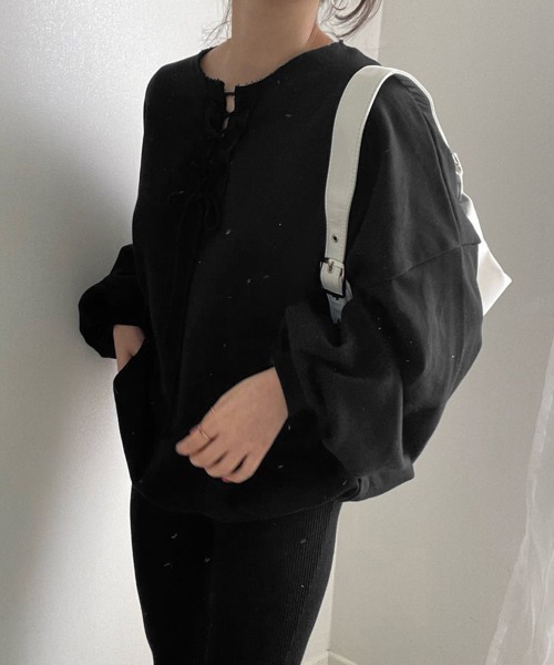 Miniministore(ミニミニストア)の「レースアップ スウェット 長袖レディース(スウェット・レディース・ライトグレー/ブラック・フリー)」の5枚目の写真