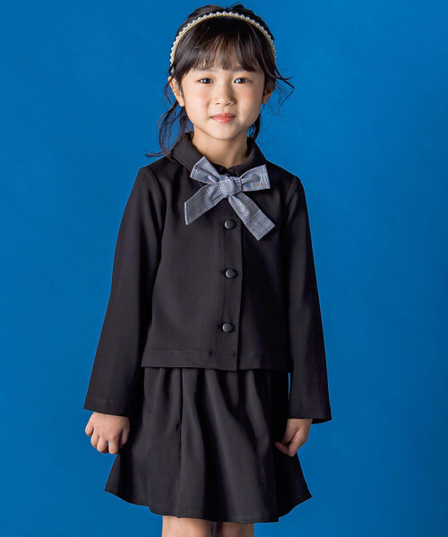 【お揃い】リボン付きチェック無地フォーマルスーツ上下セット(110~130㎝)（スーツジャケット）｜BeBe Petits Pois Vert（ベベプチポワヴェール）