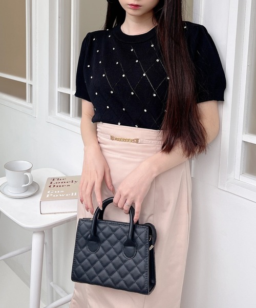 MIIA(ミーア)の「ダイヤ柄ビジュー半袖ニット(ニット/セーター・レディース・オフホワイト/ブラック・FREE)」の20枚目の写真