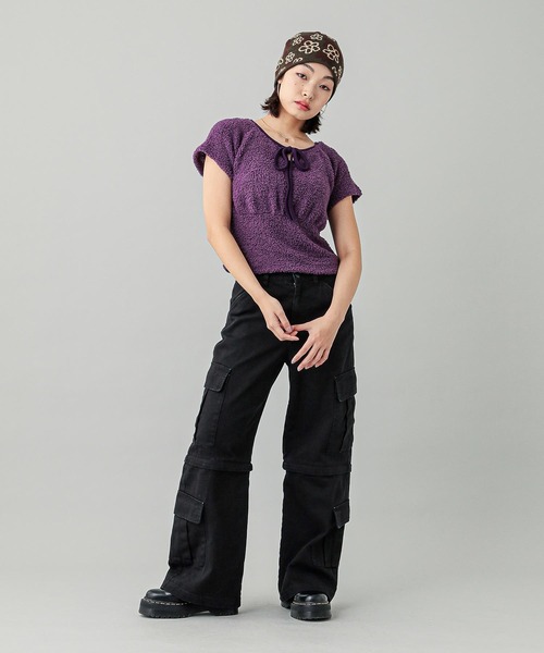 X-girl（エックスガール）の「TELLY CLOTH TEARDROP S/S TOP（Tシャツ/カットソー・レディース・ブラック/オリーブ/パープル・S/M）」の7枚目の写真