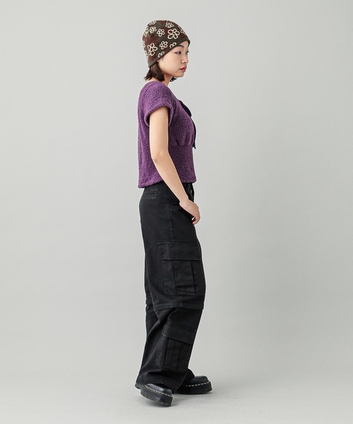 X-girl（エックスガール）の「TELLY CLOTH TEARDROP S/S TOP（Tシャツ/カットソー・レディース・ブラック/オリーブ/パープル・S/M）」の8枚目の写真