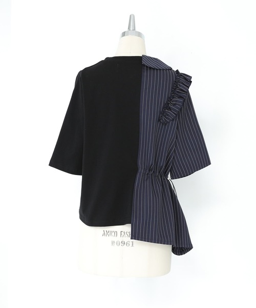 レディース ス カットソー 半袖 アシメ 切り替え ストライプ デザインTシャツ ストライプ柄ドロスト切替アシメカットソー』（Tシャツ