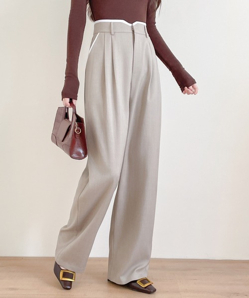 ABITOKYO（アビトーキョー）の「ダブルタック配色パイピングセミワイドパンツ（スラックス・レディース・ブラック/チャコールグレー/ベージュ・S/M/L/XL）」の7枚目の写真