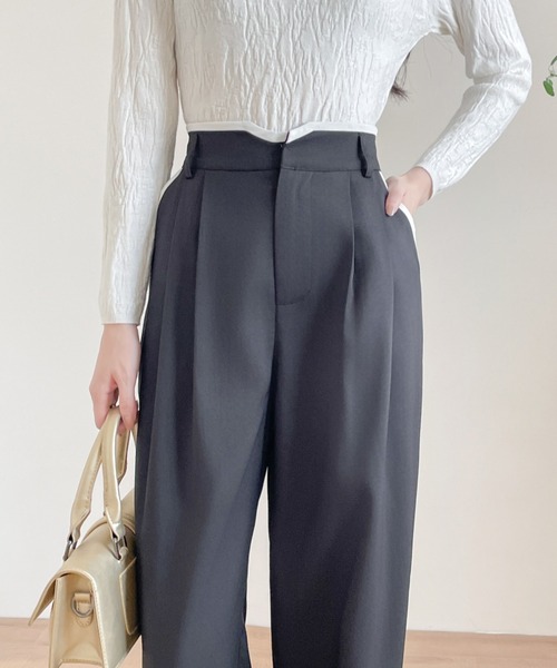 ABITOKYO（アビトーキョー）の「ダブルタック配色パイピングセミワイドパンツ（スラックス・レディース・ブラック/チャコールグレー/ベージュ・S/M/L/XL）」の8枚目の写真