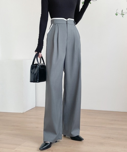 ABITOKYO（アビトーキョー）の「ダブルタック配色パイピングセミワイドパンツ（スラックス・レディース・ブラック/チャコールグレー/ベージュ・S/M/L/XL）」の10枚目の写真