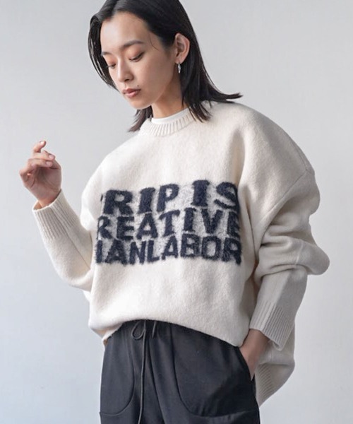 mili an deni(ミリアンデニ)の「フェザーニットロゴビッグプルオーバー(ニット/セーター・レディース・グレー/ブラック/アイボリー・M)」の1枚目の写真